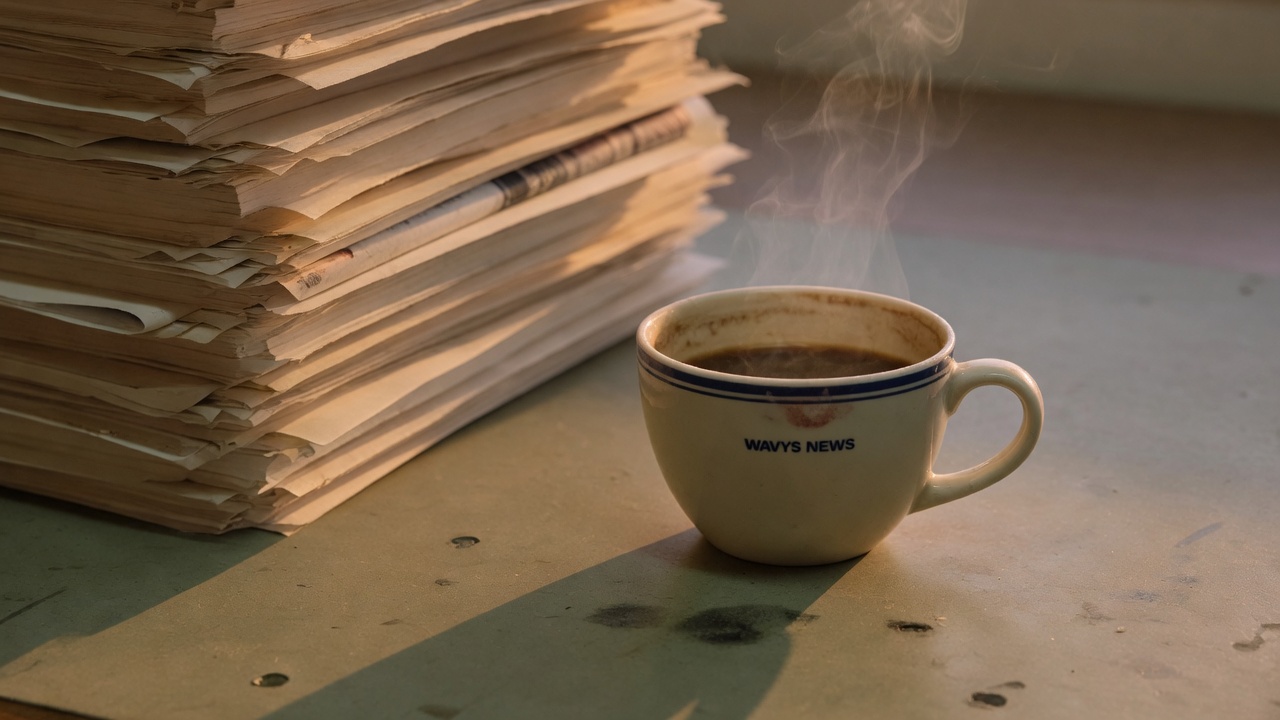 Coffee and a morning paper stack on a newsroom blotter